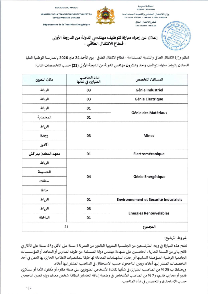 مباراة وزارة الانتقال الطاقي 2026